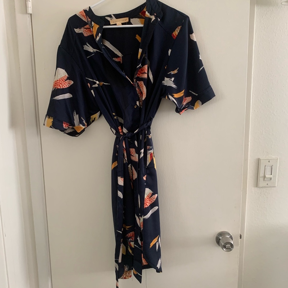 Love Stitch Navy Floral Belted Shirt Dress